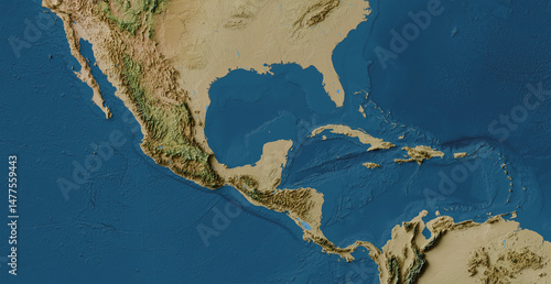 Fotografie Central America map of land and ocean floor terrain with blended colors and sate