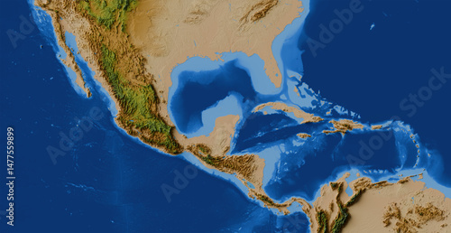 Photos Colored map of Central America terrain and bathymetry (Gulf of Mexico / Gulf of
