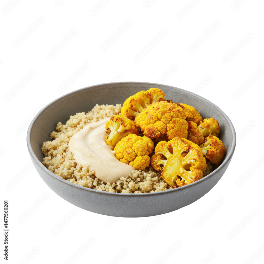 Vibrant roasted cauliflower and couscous bowl with tahini sauce, healthy meal option Vibrant roasted cauliflower and couscous bowl with tahini sauce, healthy meal option