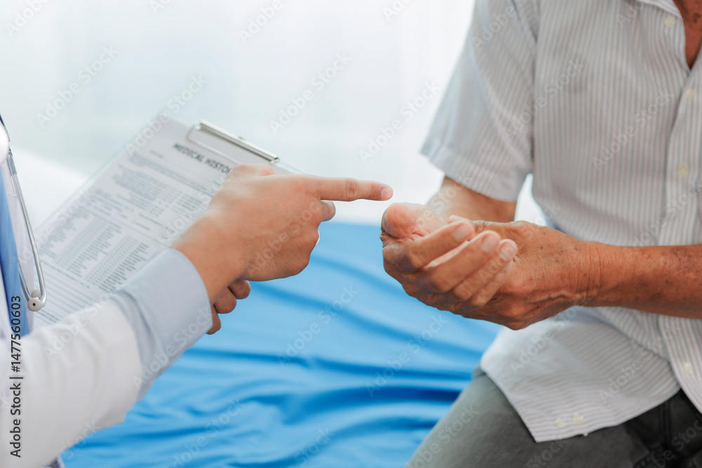 Elderly man seeks medical advice for wrist pain after strenuous work, consulting a specialist to discuss symptoms and possible treatment.