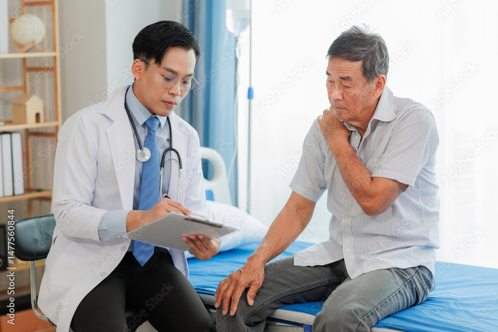 Obraz premium Elderly man pointing to neck and shoulder pain during consultation with a specialist, helping guide diagnosis and care for upper body discomfort.