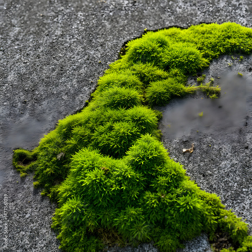 Lush green moss thriving on urban concrete after rainfall, symbolizing nature's resilience, ecological balance, and the reclaiming of manmade surfaces by sustainable organic growth
