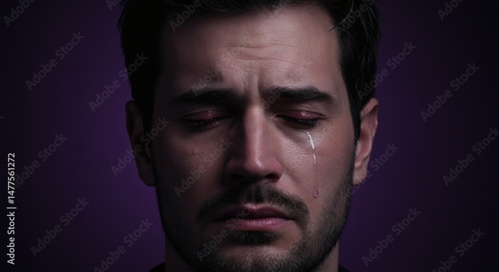 Obraz premium A close-up portrait of a man with tears streaming down his face, expressing deep emotion.
