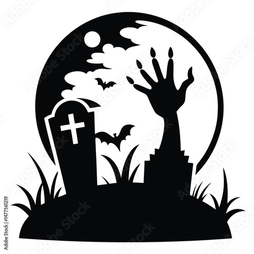 Silhouetted zombie hand reaching from graveyard with bats flying under the moonlight night sky