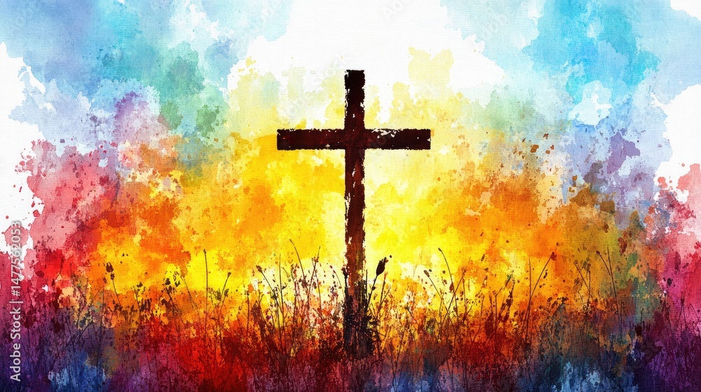 Fototapeta premium Wooden Cross in Watercolor Landscape Painting