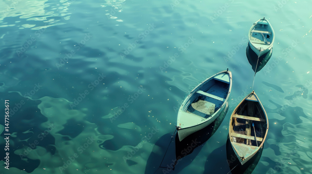 Obraz premium Three boats on calm teal water peaceful summer serenity nature scene