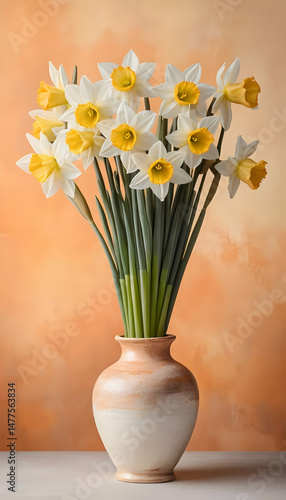 A  still life arrangement of  daffodils in a vase.
