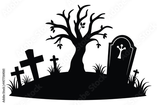 Black graveyard silhouette features weathered tombstones, a spooky tree, and grass on an isolated hilltop