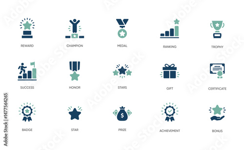 Discover a versatile icon set featuring awards, trophies, badges, and certificates, designed to celebrate excellence and achievements across various fields, fostering motivation and commitment