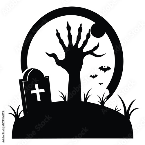 Silhouette of a zombie hand appears from the grave among flying bats at night