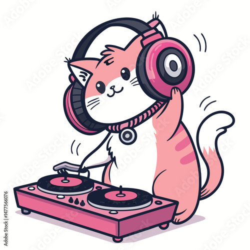 A chubby, orange tabby cat DJ enthusiastically spins oversized vinyl records, wearing headphones, in a vibrant, retro-styled setting.