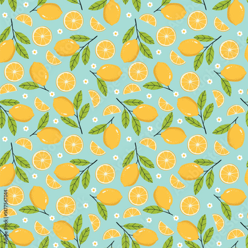 fruity lemon seamless pattern Tropical fruit summer background