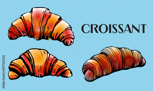 Set of Croissants - Hand Drawn Watercolor Vector Illustration