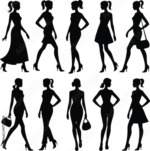 Women Group Silhouette Set | Female Team Poses Vector Collection Ladies Standing Together Silhouettes | Woman Group Icon Pack