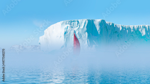 Fotografie Under the fog an iceberg floats on the water in the foreground a yacht with red