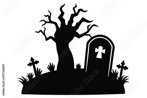 A spooky silhouette shows a gnarled tree and tombstone with cross on a mound