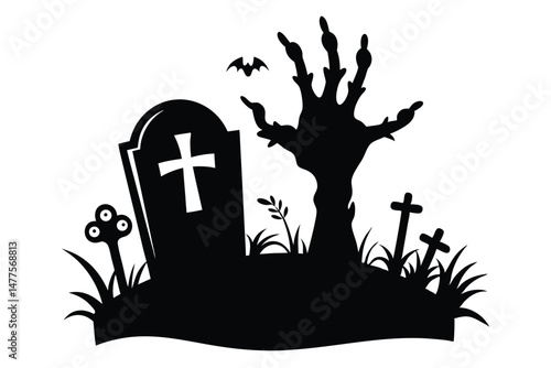 Silhouette graveyard shows headstone with cross and reaching skeleton hand in eerie dark night