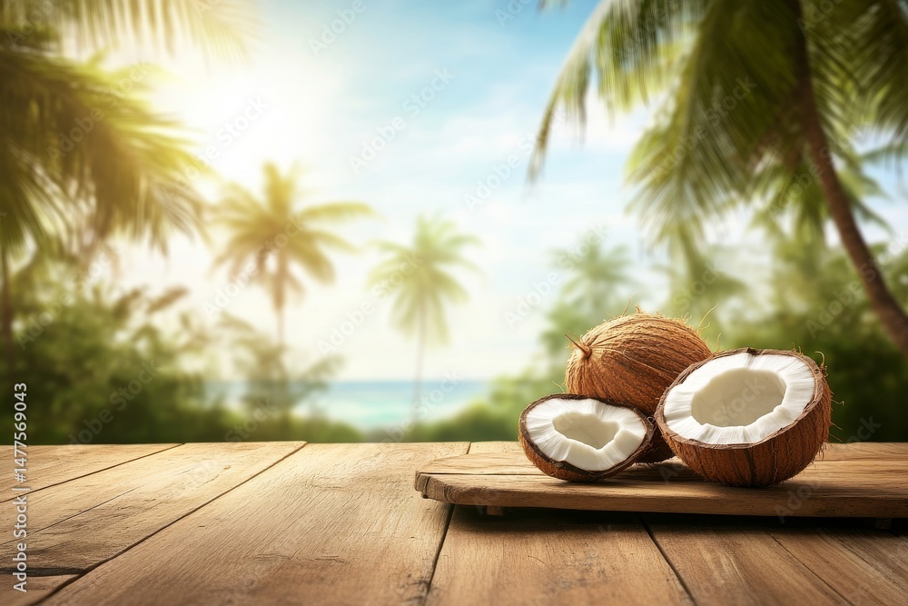 Obraz premium Tropical Paradise: Coconuts on Wooden Table with Blurred Beach Background