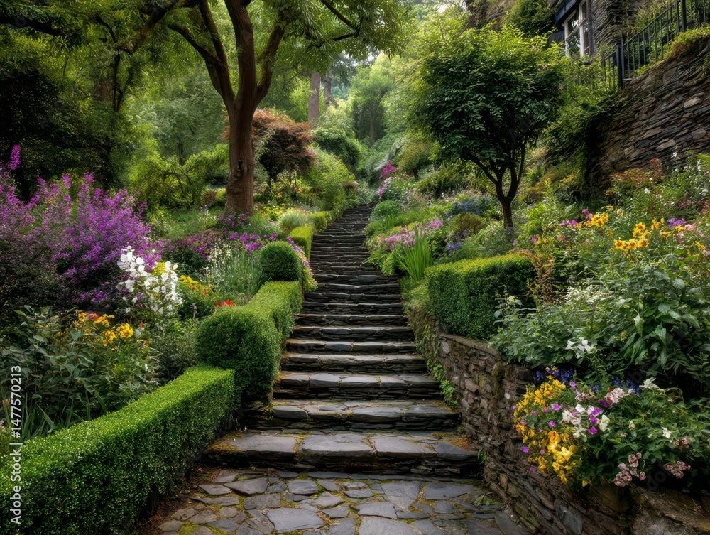 Obraz premium Colorful Garden Staircase Surrounded by Lush Greenery and Flowers
