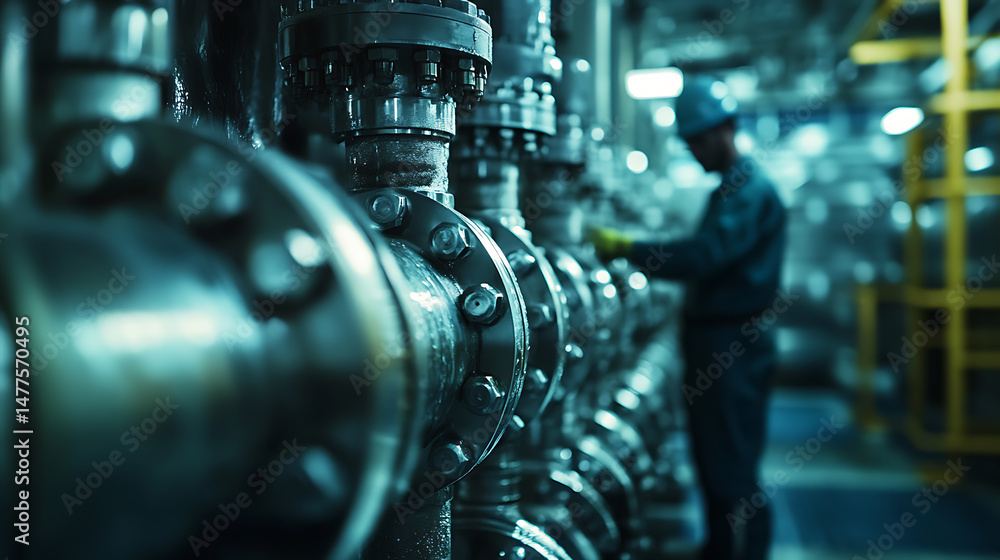 Fototapeta premium Industrial Worker Inspecting Pipeline Valves