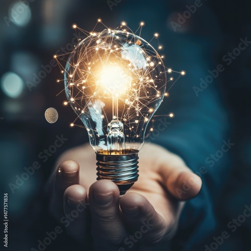A person holding a glowing light bulb symbolizing innovation and creativity, with a blurred background suggesting a workshop or brainstorming environment