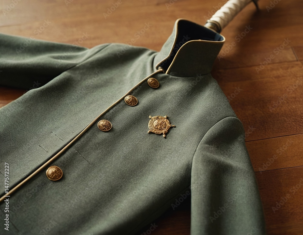 Fototapeta premium A vintage military jacket with ornate buttons and a ceremonial sword displayed alongside it.