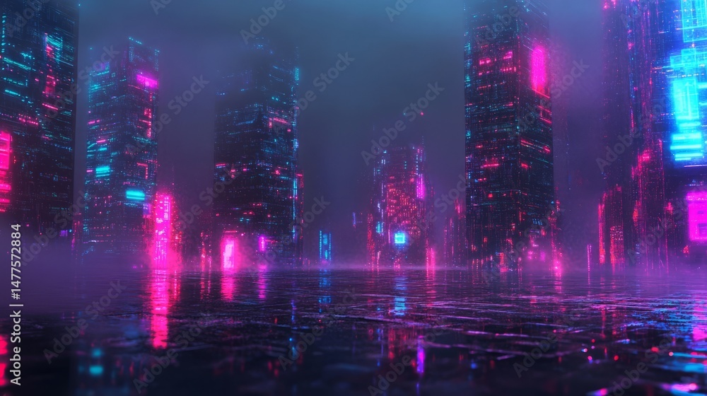 Futuristic city skyline with neon lights reflecting on wet pavement. Futuristic city skyline with neon lights reflecting on wet pavement.