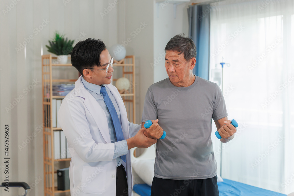 Fototapeta premium Patient with weak arm muscles doing light dumbbell exercises during physical therapy to regain strength and support physical recovery.