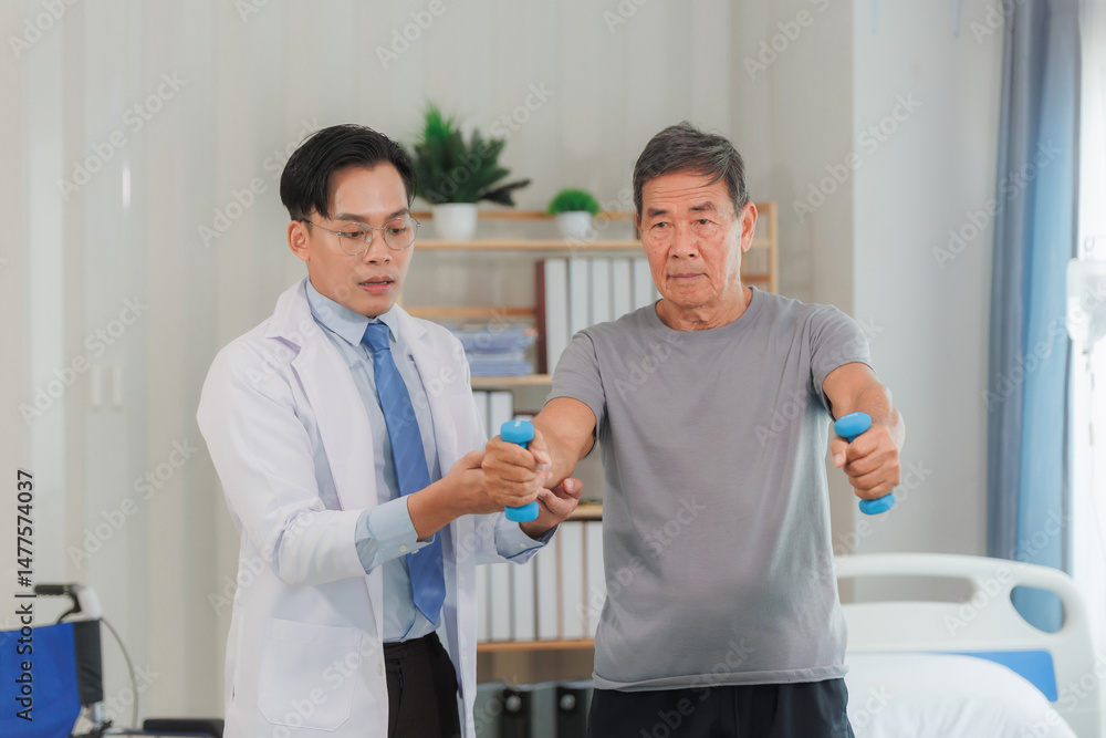 Fototapeta premium Patient with weak arm muscles doing light dumbbell exercises during physical therapy to regain strength and support physical recovery.
