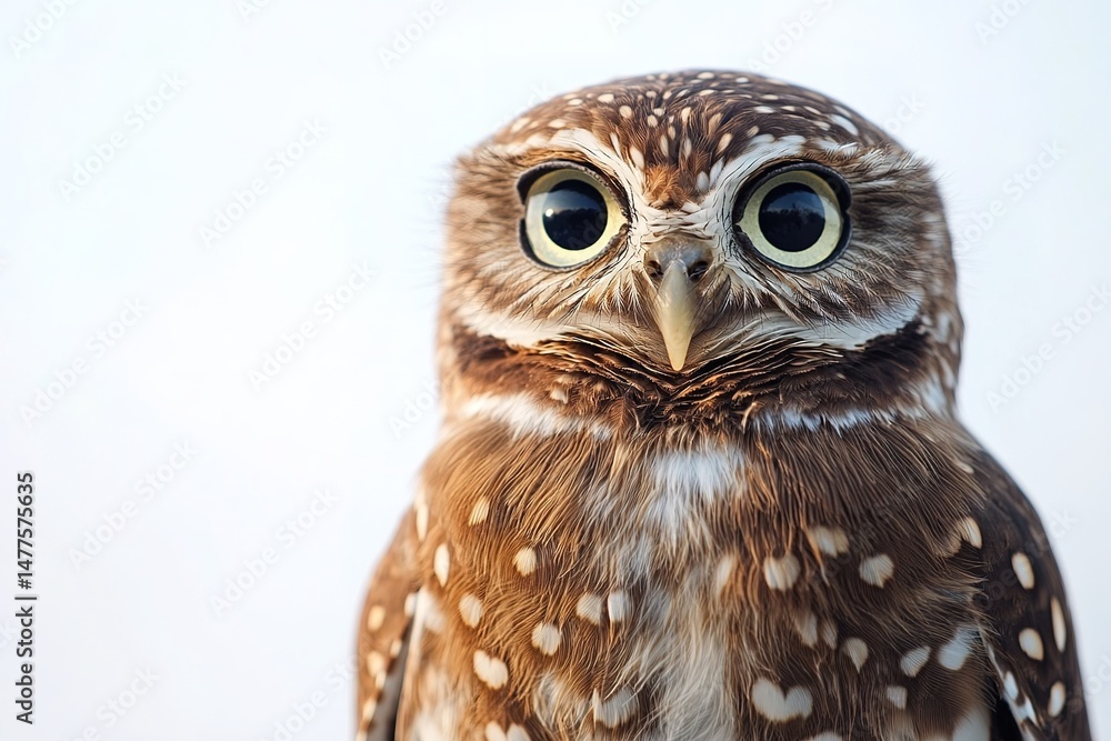 Obraz premium A curious brown owl with intricate feathers and wide eyes, perched calmly against a white surface