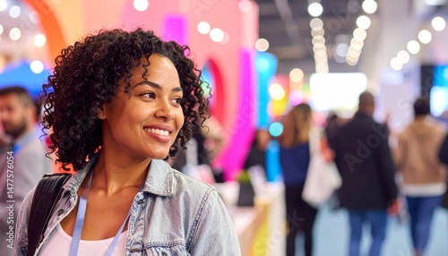 A young woman smiles at a vibrant indoor event, surrounded by colorful lights and people in the background.