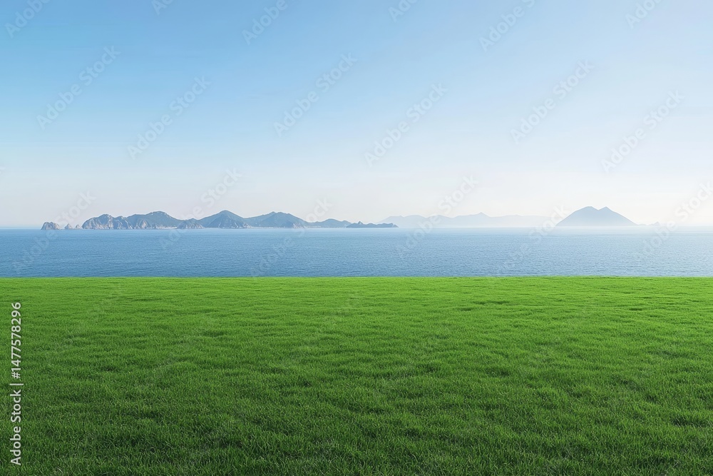 Fototapeta premium Grassy Field Overlooking the Ocean with Distant Islands