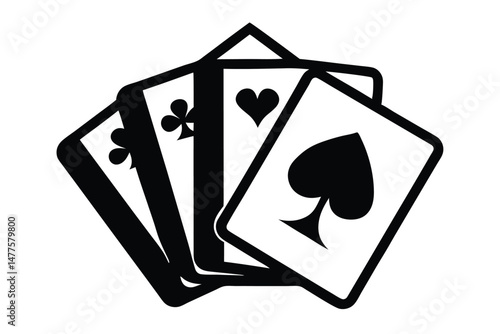 Four various playing cards are displayed in black and white colors in this design