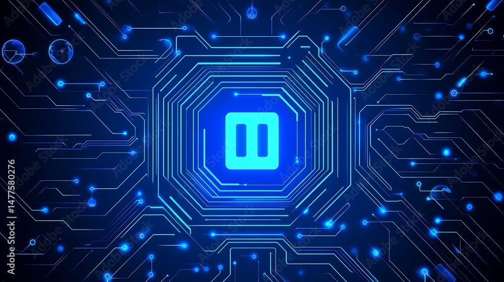 Digital Circuit Board with Pause Icon Glows in Blue Technology Design Digital Circuit Board with Pause Icon Glows in Blue Technology Design