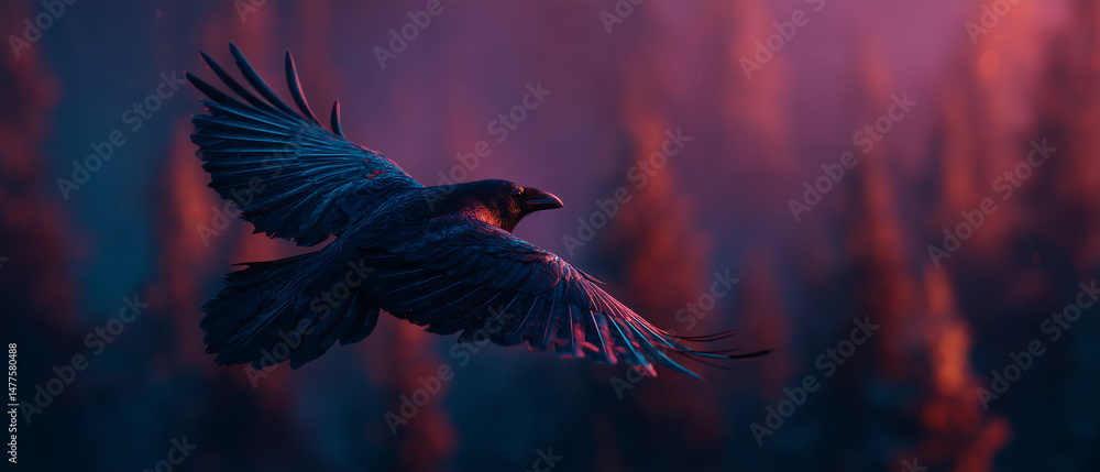 Fototapeta premium flying raven in natural landscape background – symbolic wildlife image suitable for nature articles, environmental campaigns