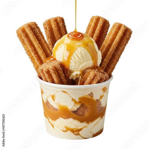 A delicious serving of churros and ice cream topped with caramel sauce