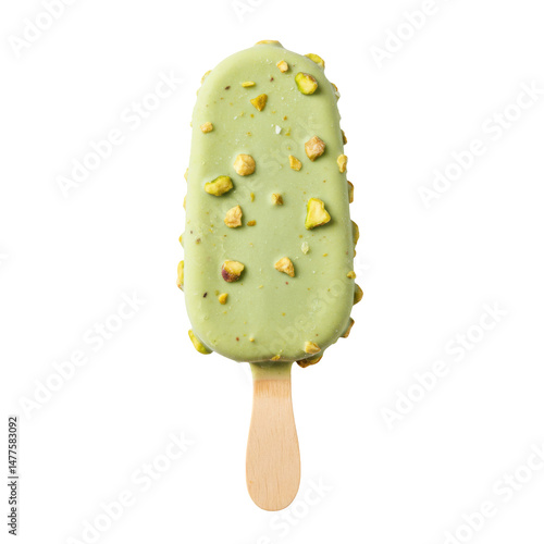 Close-up of a pistachio ice cream bar with nuts on a wooden stick against a plain background