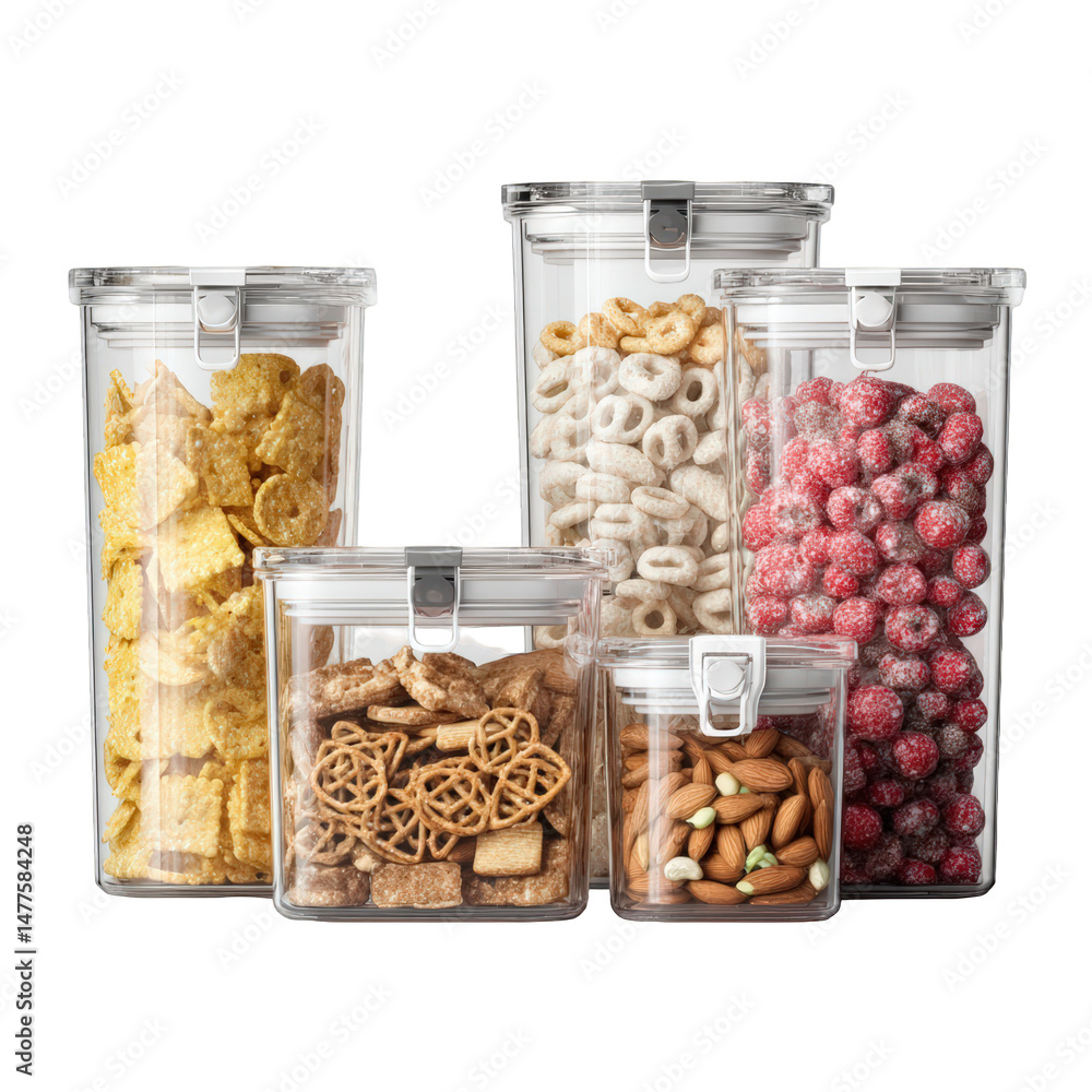 Clear storage containers filled with various snacks and food dry on transparent background Clear storage containers filled with various snacks and food dry on transparent background