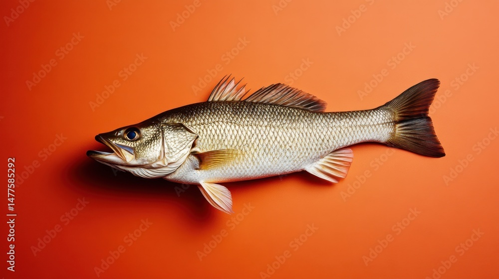 Single striped bass fish photographed top-down on plain orange, capturing scale texture and coloration Single striped bass fish photographed top-down on plain orange, capturing scale texture and coloration