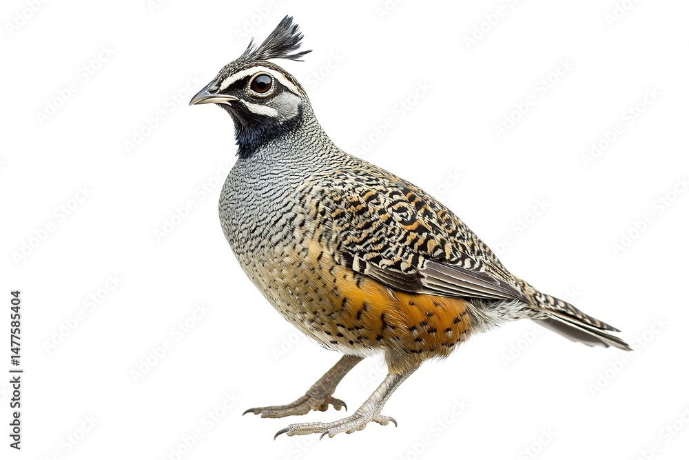 Fototapeta premium A gentle quail with its distinctive topknot, perched on a white background, isolated for clarity