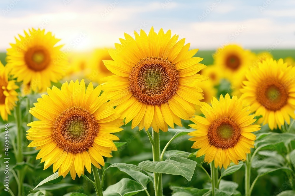 Fototapeta premium Bright yellow sunflowers blooming in a field under a clear sky.