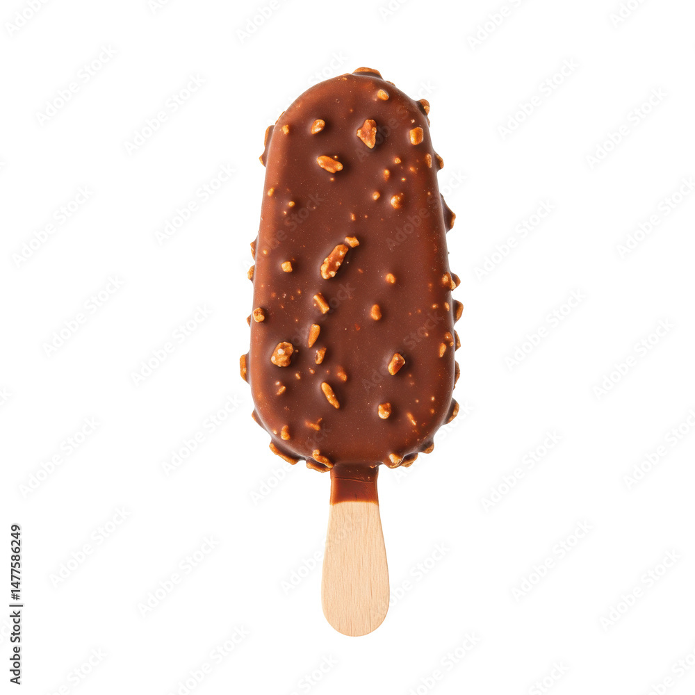 Chocolate-coated ice cream bar with nut topping on a plain background Chocolate-coated ice cream bar with nut topping on a plain background