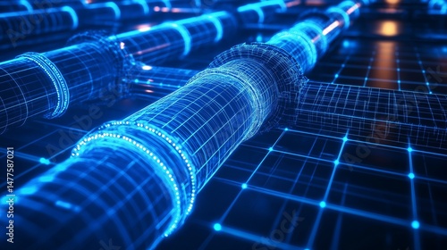 glowing gas pipeline network map with illuminated routes