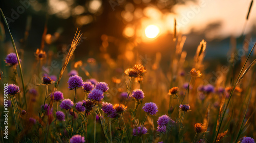 Fototapeta Naklejka Na Ścianę i Meble -  Summer meadow flowers against the backdrop of the hot summer sun. The onset of summer and holiday season