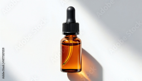 Wallpaper Mural An amber glass bottle, containing a golden liquid with a black dropper, casting subtle shadows, in a minimalist, yet striking, still-life. The scene evokes a sense of tranquility and purity.  Torontodigital.ca