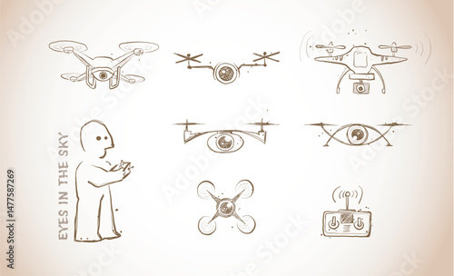 Doodle-style vector of drones with cameras, a remote control, and a drone operatoin beige colors