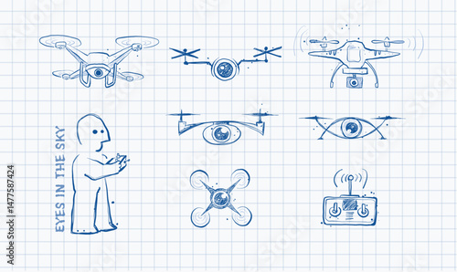Doodle-style vector of drones with cameras, a remote control, and a drone operatoin on graph paper background