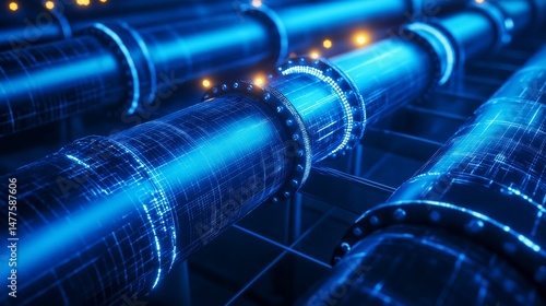glowing gas pipeline network map with illuminated routes, set on a futuristic grid-style background in deep blue tones