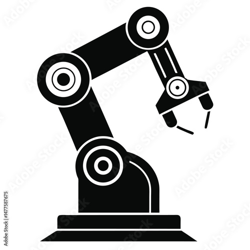 A black and white silhouette shows a mechanical robotic arm on a simple base