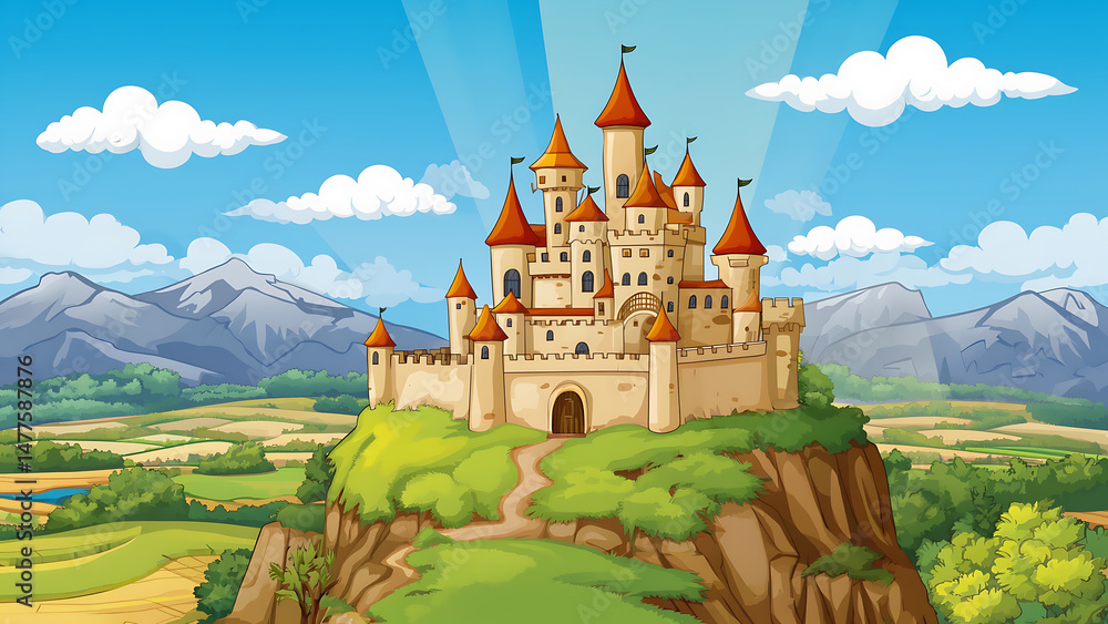 Naklejka premium Majestic Castle Overlooking a Serene Valley